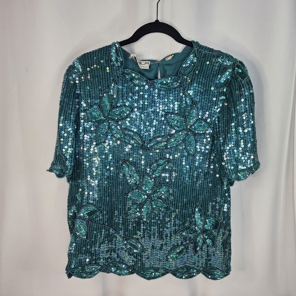 90's Teal Green Floral Sequin Beaded Silk Formal Top Party Gatsby Glam Large